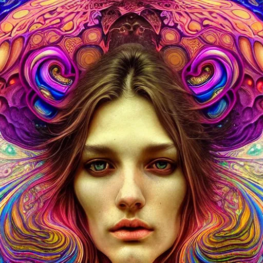 Image similar to An extremely psychedelic experience, reality bending, morphing, transforming, colorful, surreal, magic mushrooms, psilocybin, LSD, face, detailed, intricate, elegant, highly detailed, digital painting, artstation, concept art, smooth, sharp focus, illustration, art by Krenz Cushart and Artem Demura and alphonse mucha