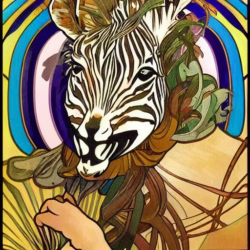 Prompt: a portrait of a handsome friendly happy laughing zebra in the style of alphonse mucha, the arts poster. the zebra is looking at you with loving eyes thinking about dinner. the border around the zebra is colorful and ornate with art nouveau decoration.