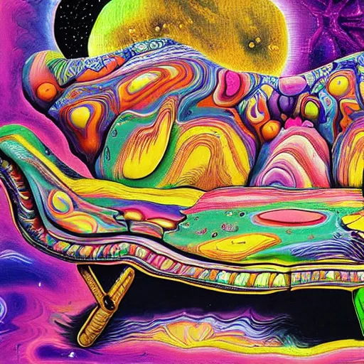 Prompt: psychedelic trippy couch in forest, planets, milky way, sofa, cartoon by salvador dali