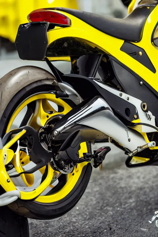 Prompt: scooter tuning with yellow, carbon and white paintjob, race track background, midday, 8 0 ccm malossi engine, yoshimura exhaust, carbon fiber body, race slick tires, custom scooter, dslr, 8 5 mm, f / 1. 3