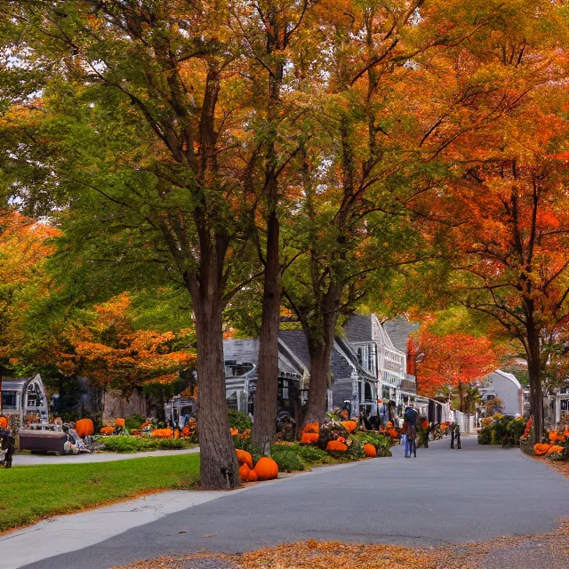 Prompt: small new england colonial city street with shops and pumpkins, maple trees with fall foliage, new hampshire mountain, stone walls, volumetric, realistic, cinematic lighting, ray tracing, unreal engine 5, octane render, hyper realistic, photo, 8 k