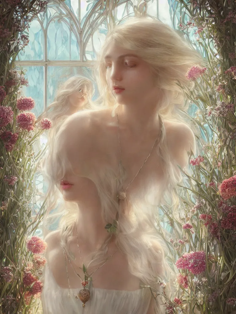 Image similar to a blonde girl in white dress in beautiful window, necklace with a fruit seed ornament, ocean eyes, light freckles, incense smoke and flowers in the background, portrait, mucha, conceptart, medium shot, unreal, octane, symmetrical, photorealism.