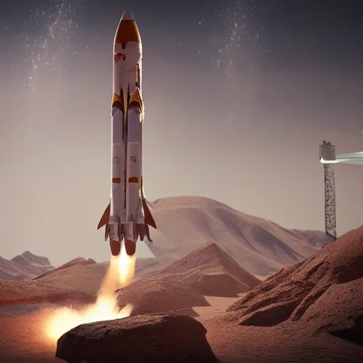 Image similar to a rocket blasting off into space, octane render, highly detailed, highly intricate, sense of scale and awe, highly detailed fire, smoke, ue 5, hyper - realistic, desert