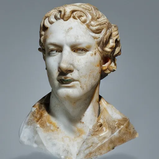 Image similar to a marble bust with the face on fire and melting
