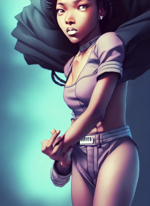 Prompt: beautiful hip hop young black woman, model pose, confident, manga style, scenery wallpaper aesthetic, pastel colors, symmetrical face, cinematic, dramatic, super detailed and intricate, hyper realistic, 4 k render, by artgerm, by kyoung hwan kim, by ralph mcquarrie, by yoshiyuki tomino