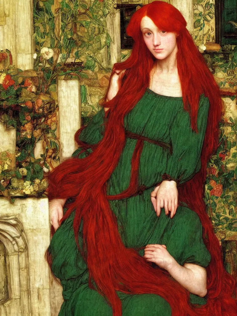 Prompt: portrait of one beautiful young woman with flowing red hair, green dress, interior of a medieval living room, pre-raphaelite, backlit, by Waterhouse, by Millais