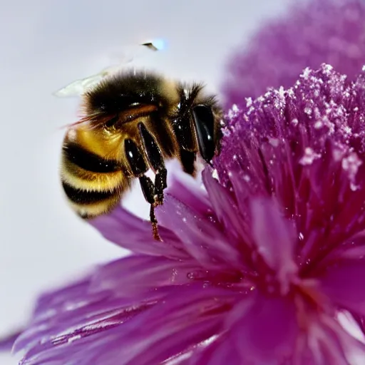 Image similar to a bee finding a beautiful flower, entrapped in ice, only snow in the background, beautiful macro photography, ambient light