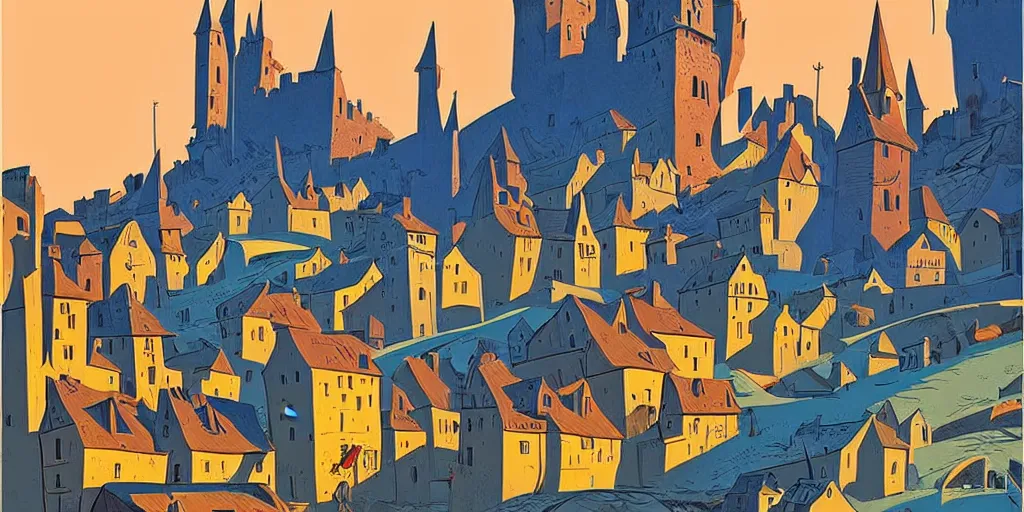 Prompt: medieval town, gouache, animated film, stylised, illustration, by eyvind earle, scott wills, genndy tartakovski, syd mead