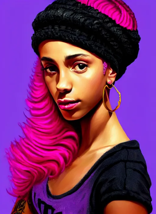 Image similar to portrait of teenage vanessa morgan with bright pink hair, black girl, curly pixie cut hair, wearing a purple breton cap, breton cap, hoop earrings, intricate, elegant, glowing lights, highly detailed, digital painting, artstation, concept art, smooth, sharp focus, illustration, art by wlop, mars ravelo and greg rutkowski