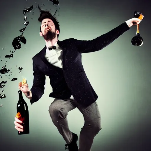 Prompt: a portrait of a man boisterously dancing around the room by himself holding an empty wine bottle as he jumps in the air, detailed facial expression, fine detail, dramatic lighting, award-winning photo UHD, 4K
