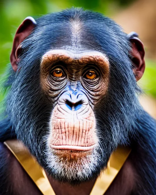 Image similar to gold, blue, photo of a chimpanzee, 8 k, 8 5 mm f 1. 8