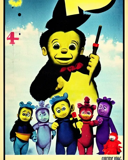 Prompt: a 1 9 6 0 s promotional poster for a gritty mafia - themed teletubbies movie, illustrated by robert mcginnis, poster design, 4 k