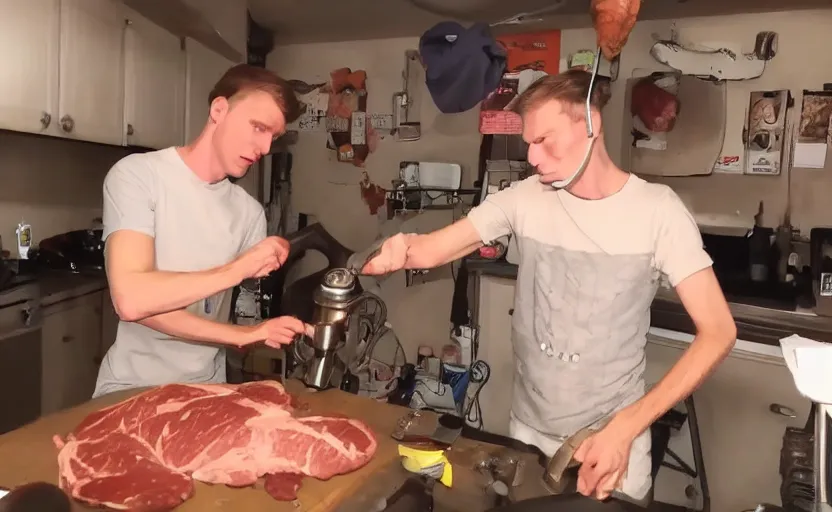 Prompt: jerma putting an arm in a meat grinder