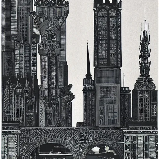 Prompt: by robert stivers, by faith ringgold curvaceous. a beautiful print of a cityscape with tall spires & delicate bridges.