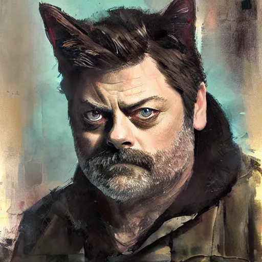 Prompt: nick offerman and a cat morphed together, hybrid, jeremy mann painting