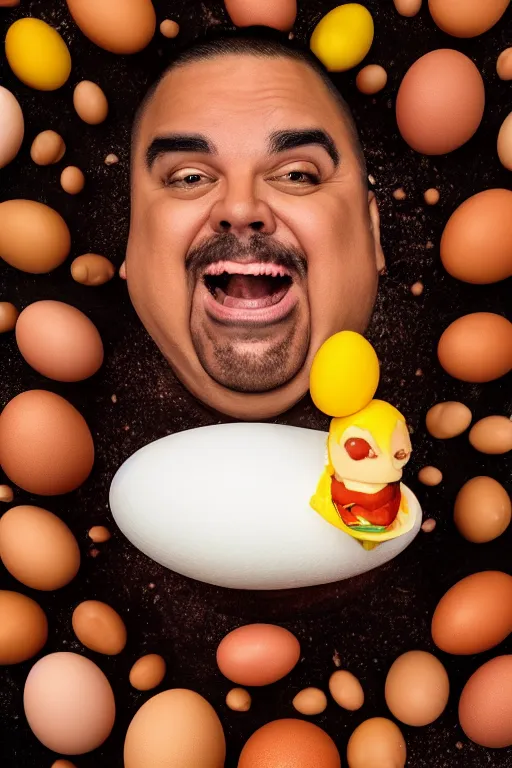 Image similar to 📷 gabriel iglesias the egg 🥚, made of food, head portrait, dynamic lighting, 4 k