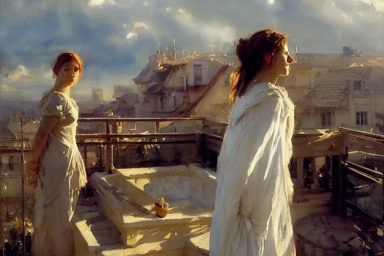 Prompt: portrait david sees bathsheba on the rooftop by anders zorn, wonderful masterpiece by greg rutkowski, beautiful cinematic light, american romanticism by greg manchess, jessica rossier