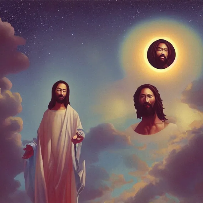Prompt: a UFO hovering over an African Jesus, portrait painting by Hsiao-Ron Cheng,