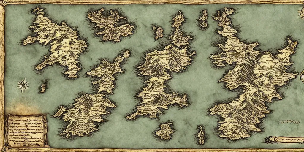 Prompt: wolf's face.medieval fantasy map, mountains, islands, forests. Map-style Skyrim, Lord of the rings map, zelda breath of the wild map, video game style, drawing on a parchment