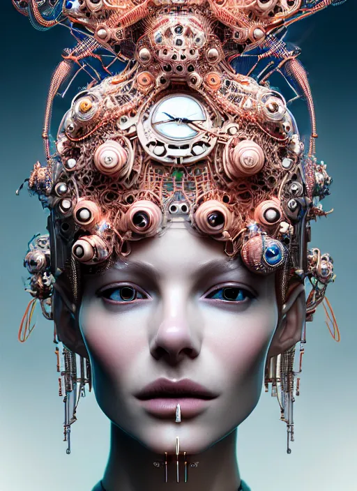 Image similar to portrait of an absurdly beautiful, graceful, sophisticated, fashionable cyberpunk mechanoid, hyperdetailed illustration by irakli nadar and vania zouravliov, matt wisniewski style, intricate linework, white porcelain skin, faberge, coral headdress, unreal engine 5 highly rendered, global illumination, radiant light, detailed and intricate environment