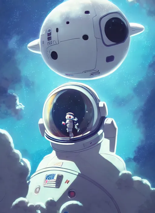 Image similar to portrait of cute kawaii astronaut android navigating a large biomechanical kaiju dragon, nebulous background of dynamic space, a dramatic composition by wlop and greg rutkowski and makoto shinkai and studio ghibli and kyoto animation cute bubbly clothing