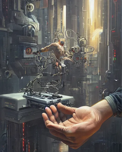 Prompt: a painting of a man holding a machine in his hands, cyberpunk art by jason edmiston and by michael komarck and by jarosław jasnikowski, cgsociety, neoplasticism, lovecraftian, future tech, circuitry