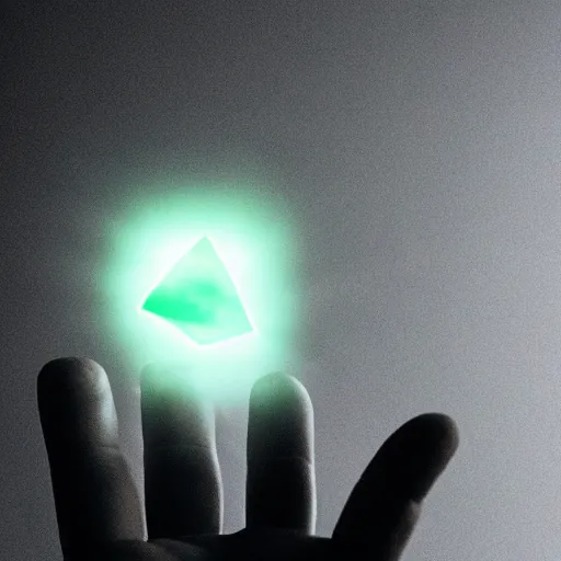 Image similar to an open hand facing up, a glowing shard of kryptonite is floating above the palm of the hand, pitch dark room