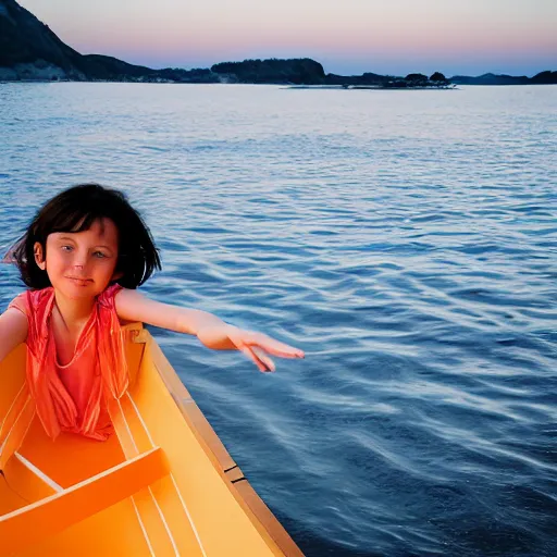 Image similar to a girl in a origami boat at dusk