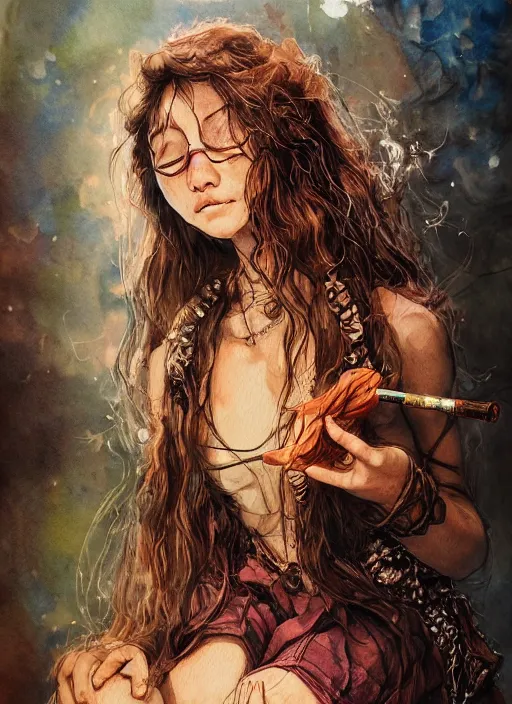 Image similar to portrait, beautiful Stoner hippy girl, sitting down, smoking a magical bong, watercolor, dramatic lighting, cinematic, establishing shot, extremely high detail, foto realistic, cinematic lighting, pen and ink, intricate line drawings, by Yoshitaka Amano, Ruan Jia, Kentaro Miura, Artgerm, post processed, concept art, artstation, matte painting, style by eddie mendoza, raphael lacoste, alex ross