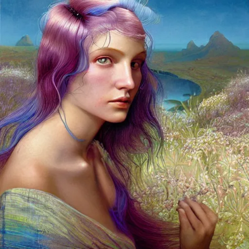 Image similar to A beautiful portrait of a woman with iridescent skin by James C. Christensen, scenic environment and blue hair