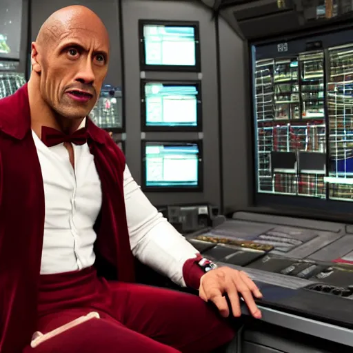 Prompt: The Rock as the Doctor in his burgundy costume in the Tardis secondary control room