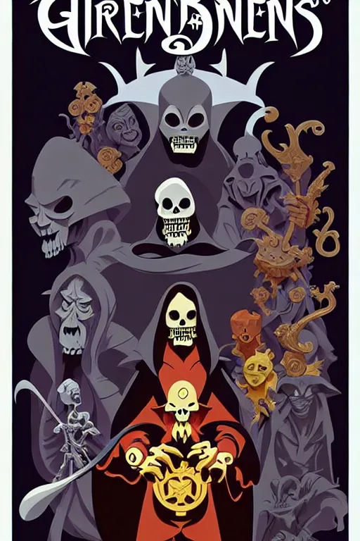 Image similar to video game cover, disney grim reaper dressed with a cape surrounded by monsters and demons, intricate baroque style. by mike mignola, by goro fujita, by octavio ocampo, masterpiece. intricate artwork, very coherent symmetrical artwork, cinematic, pixar studio, smooth gradients, high contrast. full body character, clean ink detailed line drawing