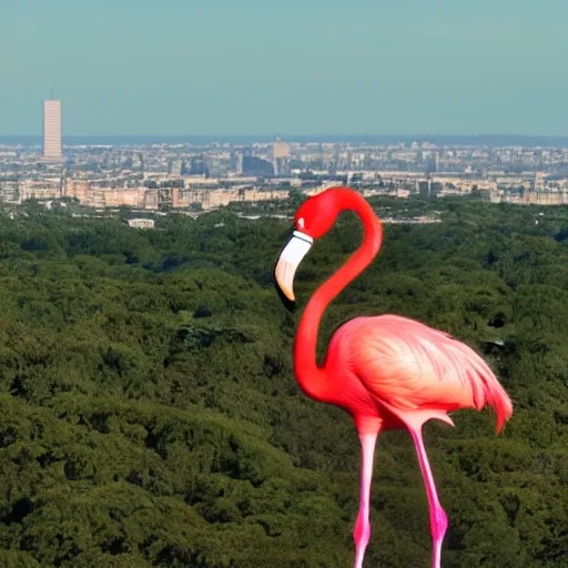 Prompt: photo of a giant colossal flamingo in the distant horizon beyond city skyline