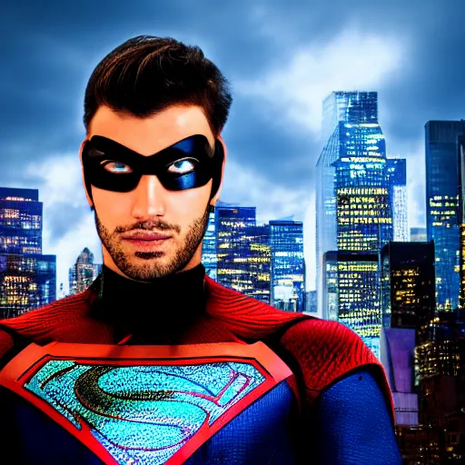 Prompt: portrait of a futuristic superhero, New York City behind him, hd, 4k realistic, award winning photo