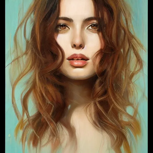 Image similar to beautiful portrait face centre oil on canvas of brunette with wavy hair Ebru Şahin, Reyyan, intricate, elegant, highly detailed, artstation, concept art, sharp focus