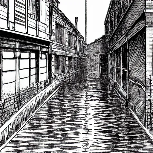 Image similar to water flowing through the streets in old city, sideview, drawing by moebius