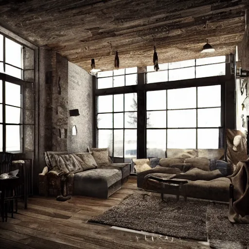 Image similar to rustic apartment interior, highly detailed, concept art, dark moody, night