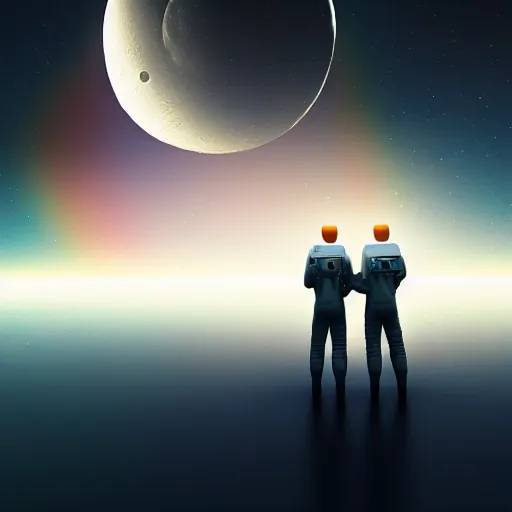 Image similar to a gay couple floating in space looking at the moon from up close, science fiction industrial hard science concept art, 8 k render octane high definition cgsociety