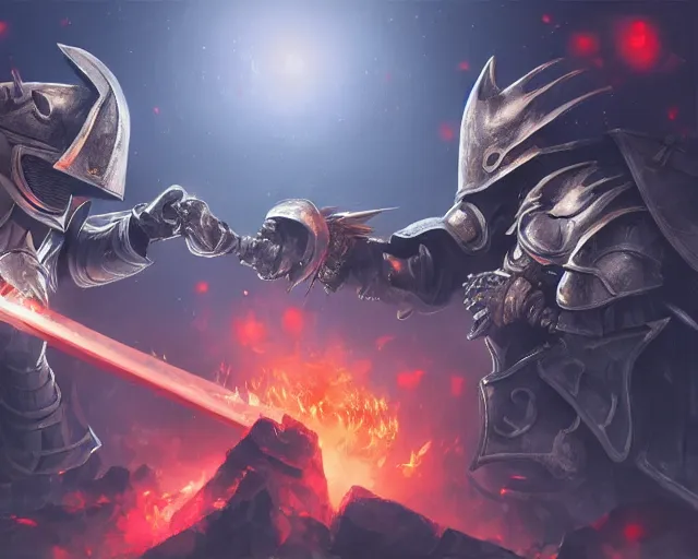 Image similar to battle of two evil knights among the stars, trending on artstation