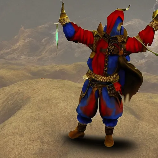 Prompt: photo of a jester warrior
