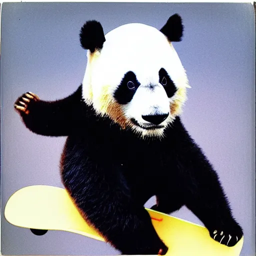 Image similar to grainy head to shoulder portrait polaroid film photograph of a panda skateboarding in california. super resolution. surreal. extremely detailed. polaroid 6 0 0 film. by annie leibovitz and richard avedon