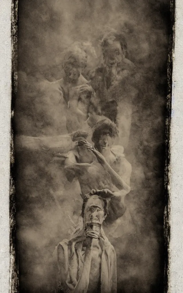 Image similar to wet plate sun tarot card victorian era, coal dust, ghosts in the background, in the style of brothers quay, borders