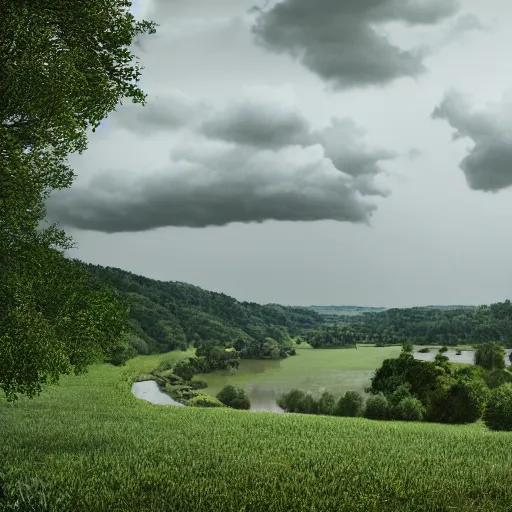 Prompt: dordogne typical landscape, hills in the background, summer, river, ultra detailed, ultra sharp, award winning. 8 k, flowers, trees, old house, thunderstorm and rain, very dark clouds. heavy rain, octane render.