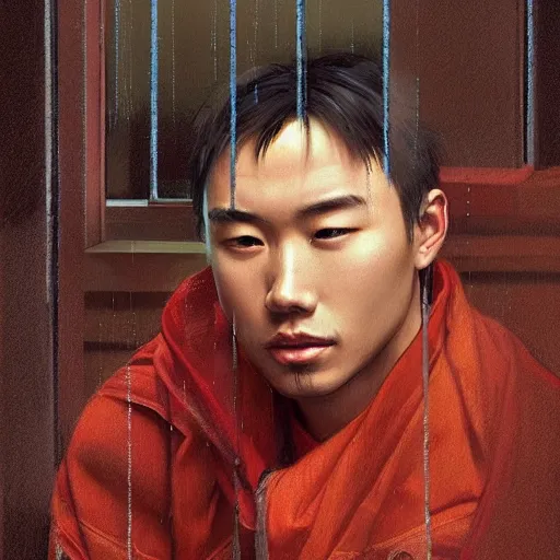 Prompt: portrait of asian guy studying by the window with rain outside, highly detailed, digital painting, artstation, concept art, smooth, sharp focus, illustration, art by artgerm and greg rutkowski and alphonse mucha