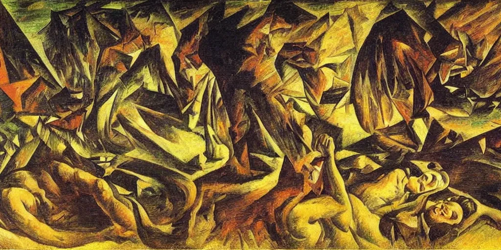 Image similar to the lotus eater at the dying of the light. umberto boccioni, caravaggio, max ernst h 7 6 8