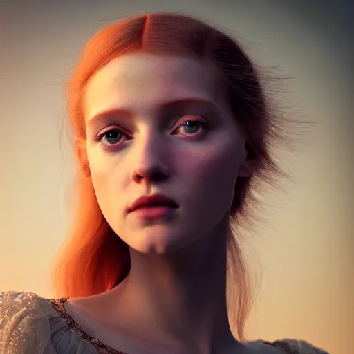 Image similar to photographic portrait of a stunningly beautiful english renaissance female in soft dreamy light at sunset, beside the river, soft focus, contemporary fashion shoot, in a denis villeneuve and tim burton movie, by edward robert hughes, annie leibovitz and steve mccurry, david lazar, jimmy nelsson, extremely detailed, breathtaking, hyperrealistic, perfect face, octane render