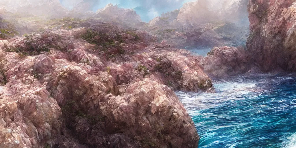 Prompt: sheer rugged crystal rose coloured quartz cliff, viewed from the ocean, illustration, bright sunlight, sun glints, sunrays, digital art, hyperrealistic, oil painting, fantasy, 8 k, trending on artstation, detailed