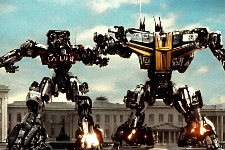 Image similar to Mecha Trump attack Capitol, film still