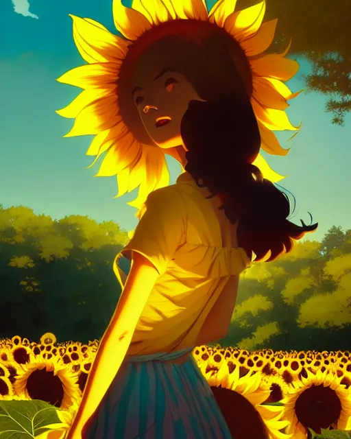 Image similar to sunflower girl, happy, scenery wallpaper aesthetic, cinematic, dramatic, super detailed and intricate, by koson ohara, by darwyn cooke, by greg rutkowski, by satoshi kon
