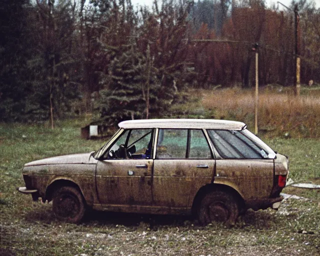 Image similar to a lomographic photo of old lada 2 1 0 7 standing in typical soviet yard in small town, hrushevka on background, cinestill, bokeh